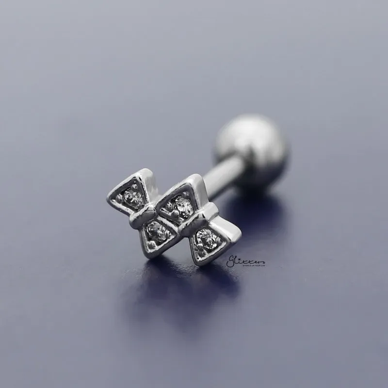 C.Z Double Bow Ties Tragus Cartilage Earring - Ball End | Flat Back