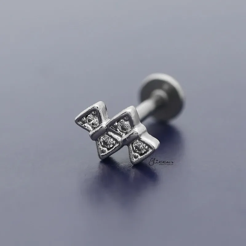 C.Z Double Bow Ties Tragus Cartilage Earring - Ball End | Flat Back