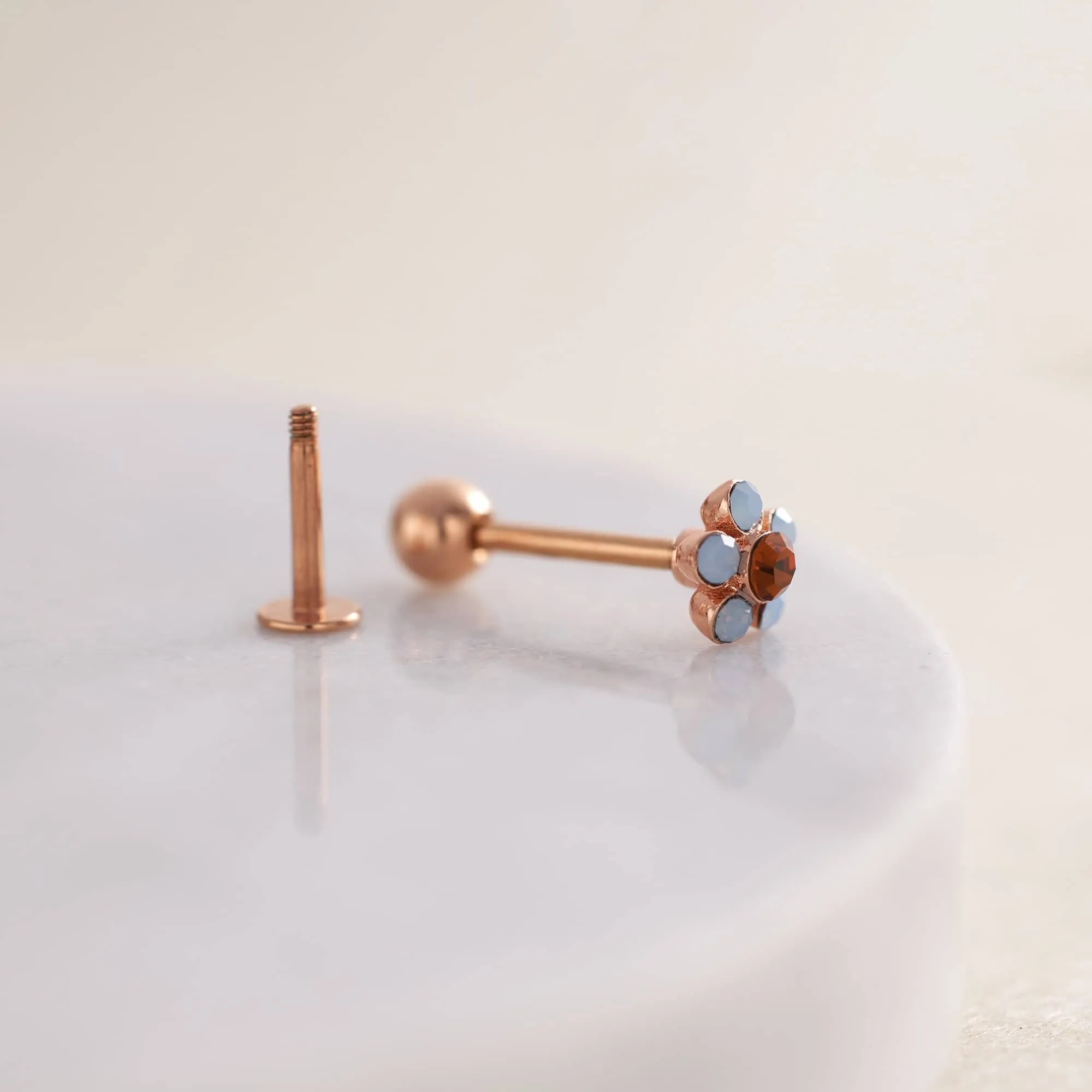 Five-leaf Flower Moonstone Ball Back & Flat Back Cartilage Earrings