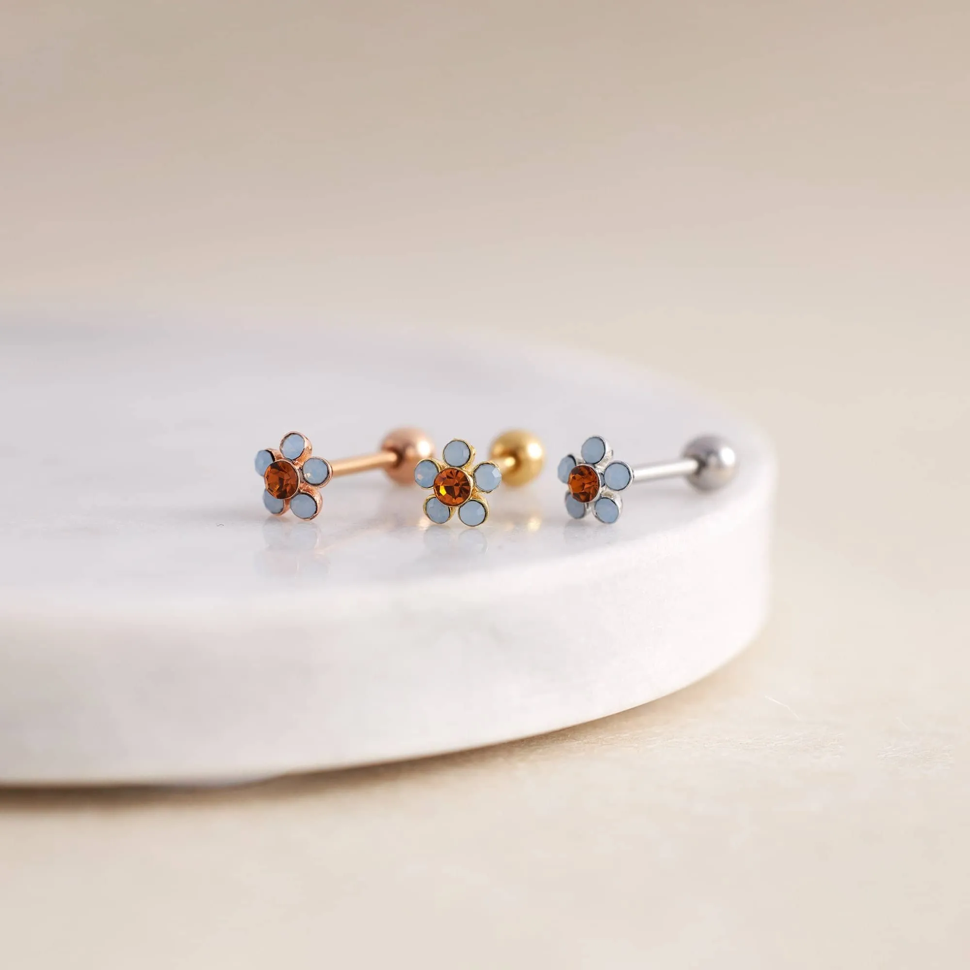 Five-leaf Flower Moonstone Ball Back & Flat Back Cartilage Earrings