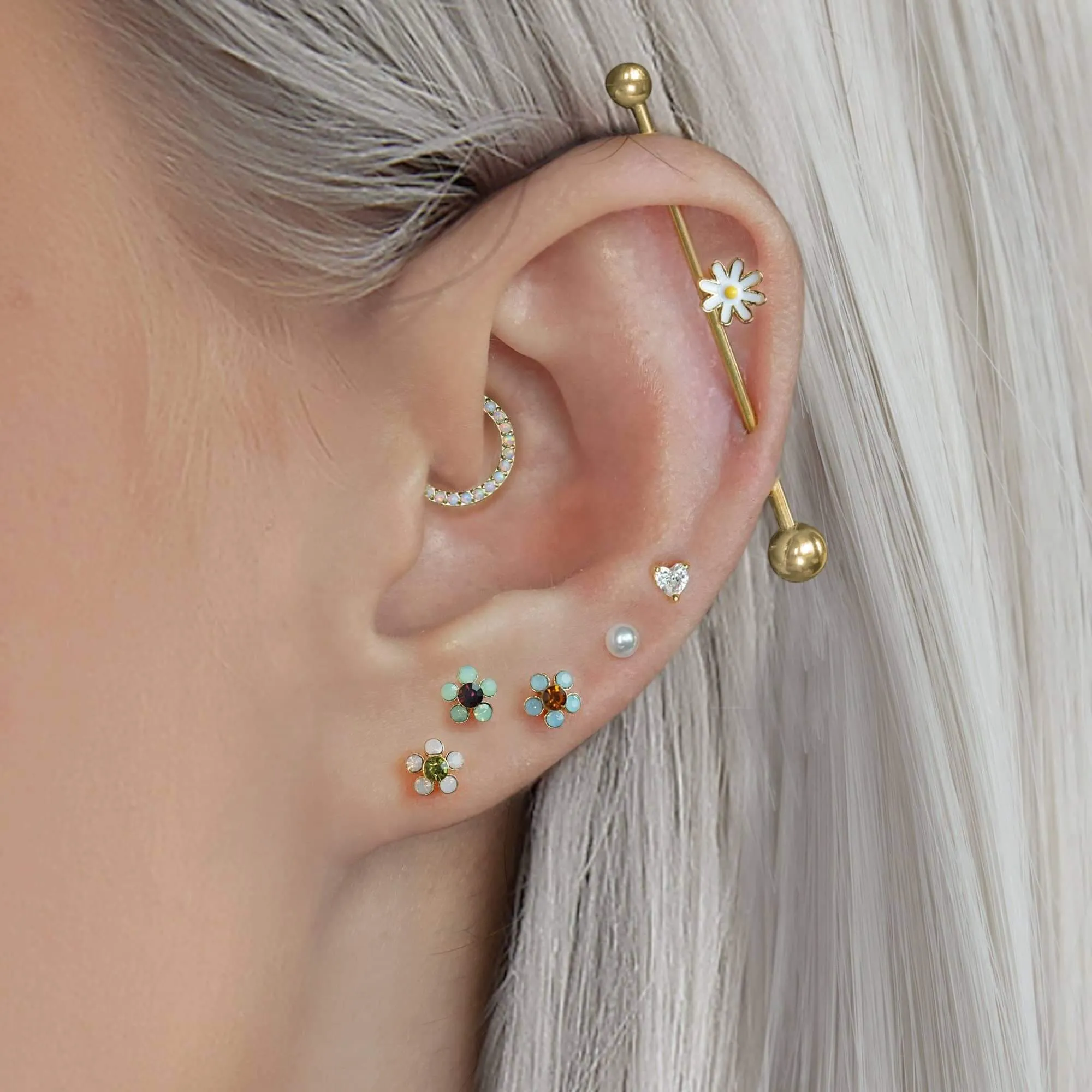 Five-leaf Flower Moonstone Ball Back & Flat Back Cartilage Earrings