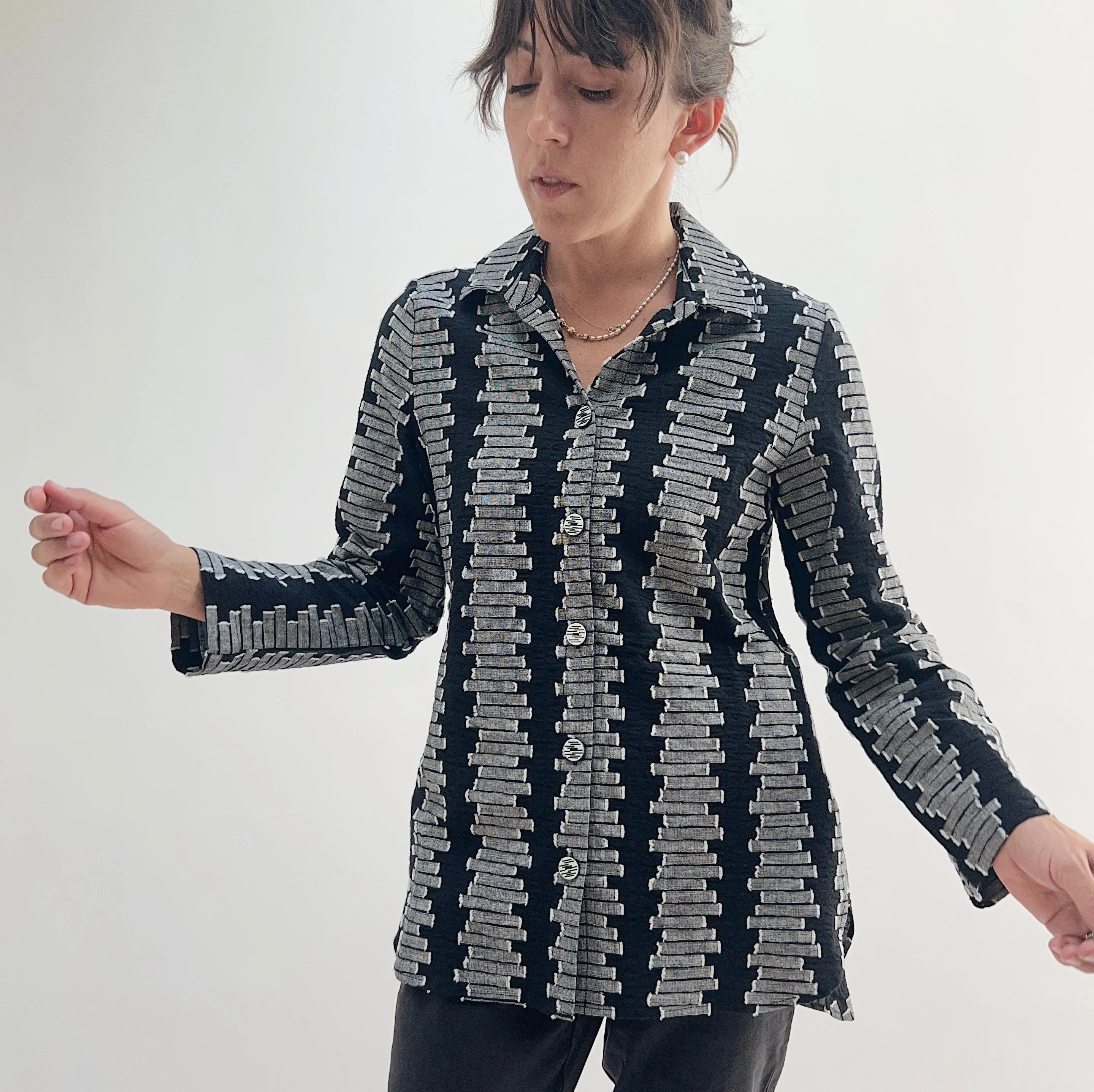 Habitat | Embroidered Cotton Button Down Top in Black