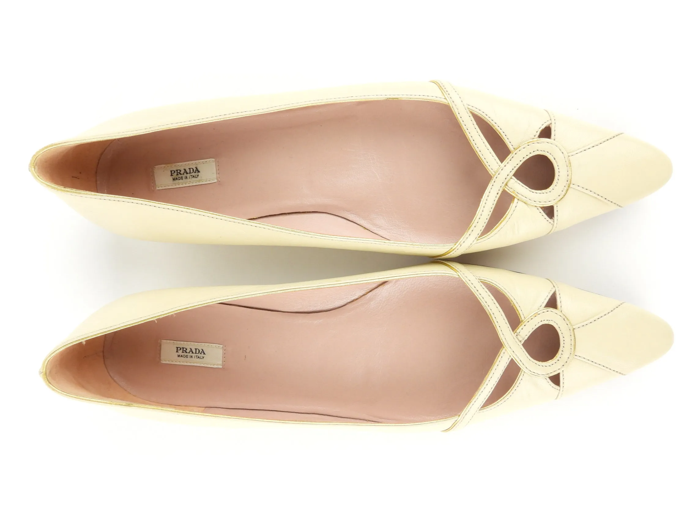 Prada Ivory Leather Pointed Toe Flats - 38.5