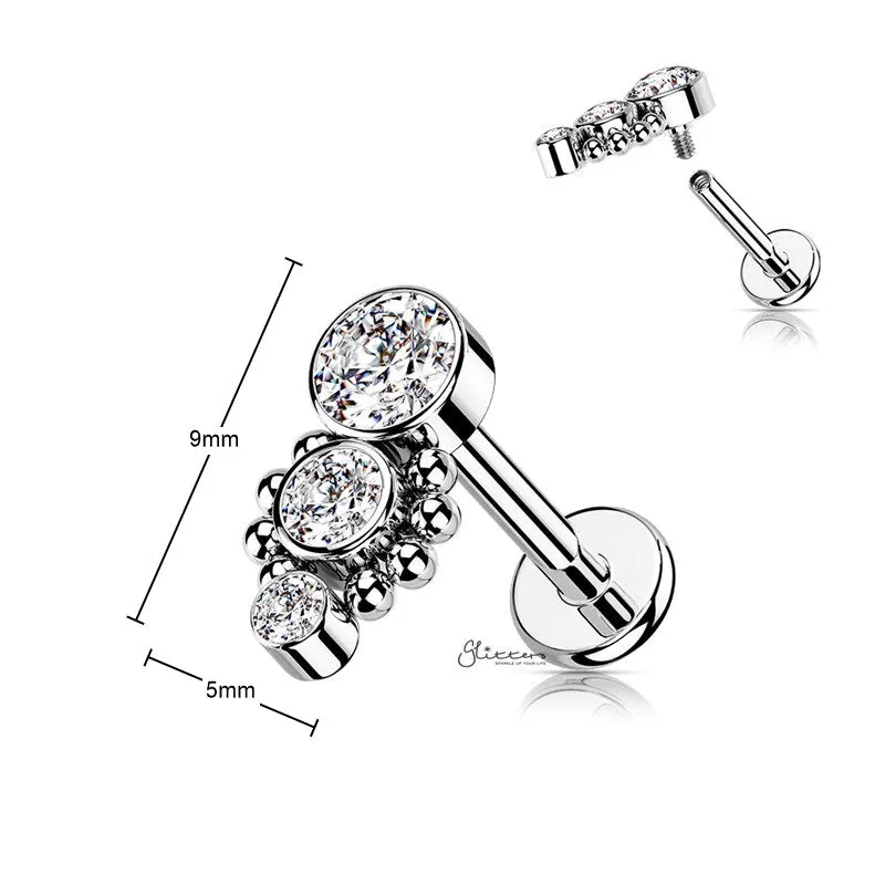 Triple CZ Top Flat Back Stud - Silver